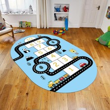Viyana Home Dijital Baskılı Kaymaz Taban Yıkanabilir Oval Çocuk Odası Oyun Halısı, V-O-Çocuk-06-Mavi,