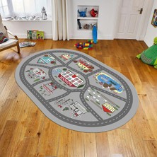 Viyana Home Dijital Baskılı Kaymaz Taban Yıkanabilir Oval Çocuk Odası Oyun Halısı, V-O-Çocuk-02-Gri,
