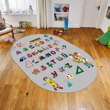 Viyana Home Dijital Baskılı Kaymaz Taban Yıkanabilir Oval Çocuk Odası Oyun Halısı, V-O-Çocuk-33-Gri,