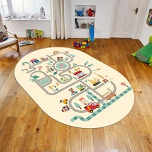 Viyana Home Dijital Baskılı Kaymaz Taban Yıkanabilir Oval Çocuk Odası Oyun Halısı, V-O-Çocuk-48-Krem,