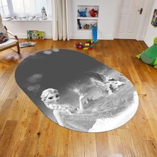 Viyana Home Dijital Baskılı Kaymaz Taban Yıkanabilir Oval Çocuk Odası Oyun Halısı, V-O-Çocuk-43-Gri,