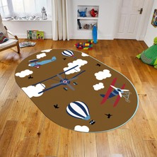 Viyana Home Dijital Baskılı Kaymaz Taban Yıkanabilir Oval Çocuk Odası Oyun Halısı, V-O-Çocuk-23-Kahverengi,