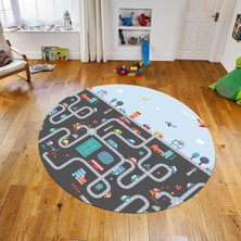 Viyana Home Dijital Baskılı Kaymaz Taban Yıkanabilir Yuvarlak Çocuk Odası Oyun Halısı, V-Y-Çocuk-19-Antrasit,
