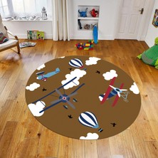 Viyana Home Dijital Baskılı Kaymaz Taban Yıkanabilir Yuvarlak Çocuk Odası Oyun Halısı, V-Y-Çocuk-23-Kahverengi,