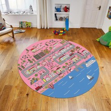 Viyana Home Dijital Baskılı Kaymaz Taban Yıkanabilir Yuvarlak Çocuk Odası Oyun Halısı, V-Y-Çocuk-07-Pembe,