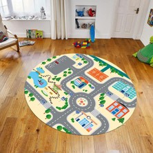 Viyana Home Dijital Baskılı Kaymaz Taban Yıkanabilir Yuvarlak Çocuk Odası Oyun Halısı, V-Y-Çocuk-47-Krem,