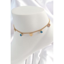 Sinerji Shop 316L Çelik Gold Renk Zincir Model Kalp Figür Nazar Boncuk Detay Kadın Halhal - TJ-HH1528