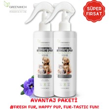 Greenwich Tüy Dolaşıklık Kıtık Açıcı Koku Giderici Kolay Tarama Spreyi Vegan Kedi Köpek Uzun Kısa Parlak Tüyler 400 ml*2