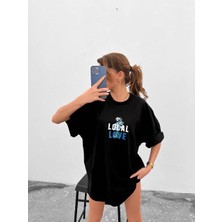Tarz Yeri Bisiklet Yaka Baskılı Oversize T-Shirt - Siyah -