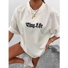 Tarz Yeri Bisiklet Yaka Baskılı Oversize T-Shirt Beyaz