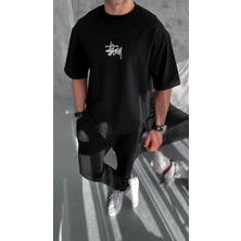 Tarz Yeri Bisiklet Yaka Baskılı Oversize T-Shirt - Siyah -