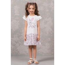 Dmb Kids Çiçekli Tavşan Desenli Kız Çocuk Ekru Elbise