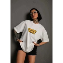 Stock Mount Unisex Bisiklet Yaka Baskılı Oversize T-Shirt - Beyaz