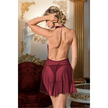 Nivene Kadın Bordo Şık Sırt Dekolteli Kısa Tül Seksi Fantezi Gecelik