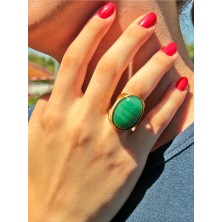 Esha Store Oval Yeşil Akik Doğal Taş Ayarlanabilir Kadın Doğal Taş Yüzük EUY13YA