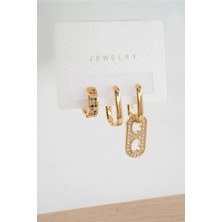 By Zeyna Aksesuar Kadın  Vip Seri Zirkon Taşlı 3'lü Küpe