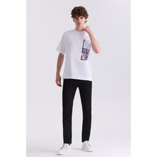 Jakamen Beyaz Over Size Yazı Baskılı Bisiklet Yaka T-Shirt