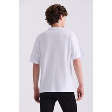 Jakamen Beyaz Over Size Yazı Baskılı Bisiklet Yaka T-Shirt