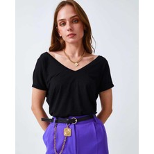 Mumu Siyah Ön Arka V Yaka Viskom Basic T-Shirt