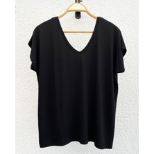 Mumu Siyah Ön Arka V Yaka Viskom Basic T-Shirt