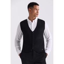 Jakamen Siyah Slim Fit Düğmeli Triko Yelek
