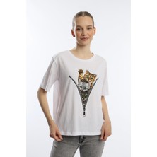 Polo State Kadın Bisiklet Yaka Kedi Baskılı Tişört Beyaz