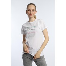 Polo State Kadın Hello Lovely Yazı Baskılı Tişört Beyaz