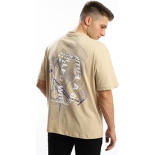 Polo State Erkek Oversize Fit Ön Arka Baskılı Basic Tişört Bej