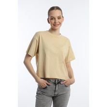 Polo State Kadin Oversize Fit Crop Tişört Bej