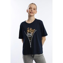 Polo State Kadın Bisiklet Yaka Kedi Baskılı Tişört Lacivert