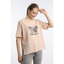 Polo State Kadın Kelebek Baskılı Oversize Tişört Bej