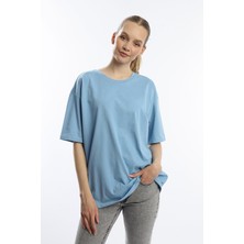 Polo State Kadın Oversize Bisiklet Yaka Tişört Mavi