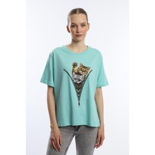 Polo State Kadın Bisiklet Yaka Kedi Baskılı Tişört Turkuaz