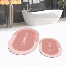 Viyana Home Dijital Baskılı Kaymaz Taban Yıkanabilir Oval Ikili Banyo Paspas Klozet Takımı, V-O-Klozet-02-Pembe,