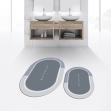 Viyana Home Dijital Baskılı Kaymaz Taban Yıkanabilir Oval Ikili Banyo Paspas Klozet Takımı, V-O-Klozet-01-Gri,