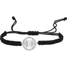 Altın Sepeti Gümüş Oval Bagetli Siyah Ip Bileklik