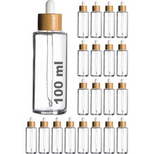 Afracam 100 cc Şeffaf Damlalık Beyaz Ahşap Bambu Sızdırmaz Kapaklı 100 ml Dropper Cam Serum Şişesi 20 Adet