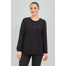 Stilmony Kadın Siyah Kolu Lastikli Likralı  Penye Bluz