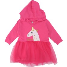 Bebelop Kız Bebek Unicorn Baskılı Kapüşonlu Penye Tüllü Elbise