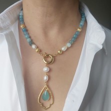 Devi Fashion Gerçek Inci ve Doğal Mavi Kuvarsit Taşlı Kolye