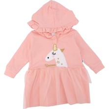Bebelop Kız Bebek Unicorn Baskılı Kapüşonlu Penye Tüllü Elbise