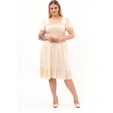 Apsen Kadın Bej Kare Yaka Fırfır Detaylı Midi Boy Yazlık Viscon Elbise 4467/110