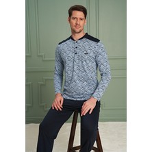 Bsm Erkek Yüksek Kalite Pamuklu Uzun Kol Desenli Mavi Pijama Takımı