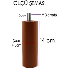 Glaswen 4 Adet Destek Ayağı 14 cm Kahverengi ve 4 Adet Düz Ayak Tabanı M8 Civatalı Ince Diş Kanepe Baza Seti