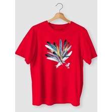 Amor Man Büyük Beden Renkli Şans Tüyü Baskılı Pamuk Oversize Kadın Tshirt