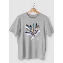 Amor Man Büyük Beden Renkli Şans Tüyü Baskılı Pamuk Oversize Kadın Tshirt
