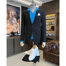 Terzi Adem Altun İtalyan stil slim fit çizgili ceket beli bağlamalı pantolon takım elbise siyah T11814