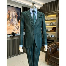 Terzi Adem Altun İtalyan stil slim fit çizgili ceket pantolon takım elbise yeşil T11930