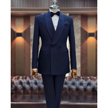 Terzi Adem Altun İtalyan kesim slim fit şal yaka kruvaze ceket pantolon damatlık set lacivert T11951