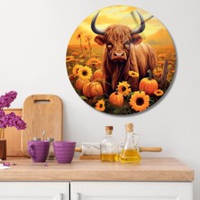 Yuvarlak Temperli Gerçek Cam Tablo Ayçiçekleri ve Inek Görseli